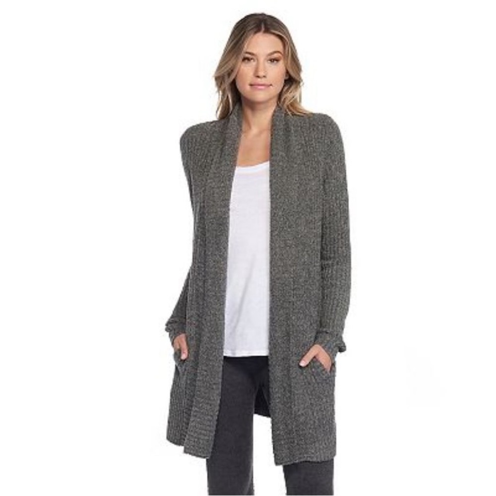 Barefoot Dreams CozyChic Lite Heather Gray Ribbed Warm Cardigan Size Large 494
